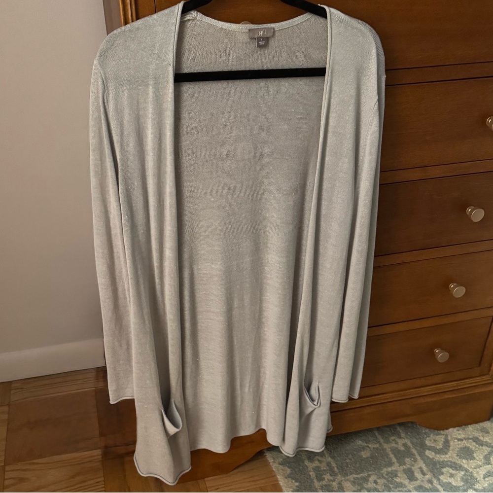 J. Jill Long Gray Linen Blend Open Front Cardigan Size Large - Picture 2 of 7